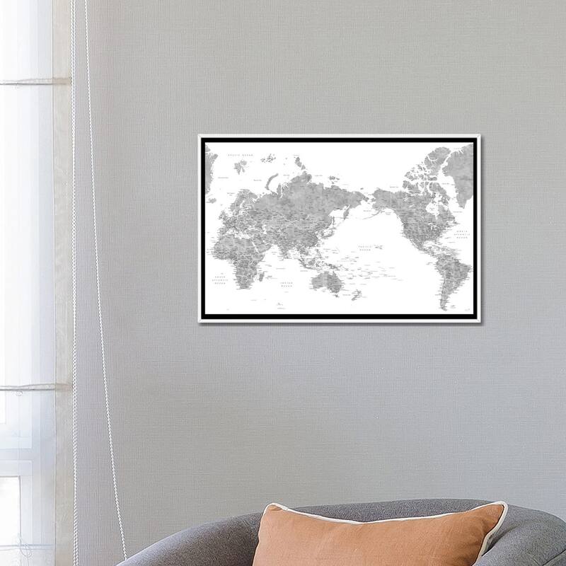 iCanvas "Pacific-Centered Detailed Gray Watercolor World Map" by